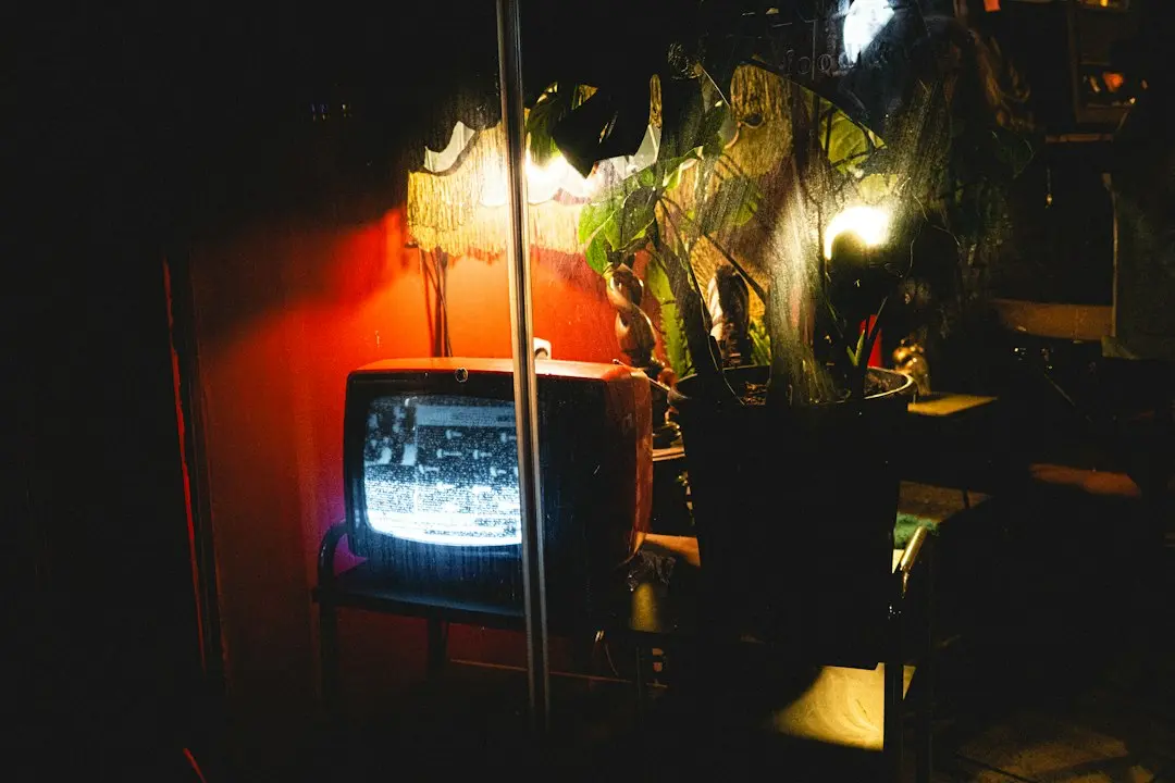 An old TV glowing in a dark room full of plants, before a player like IPTV Smarters Pro is set up for GoFluxTv